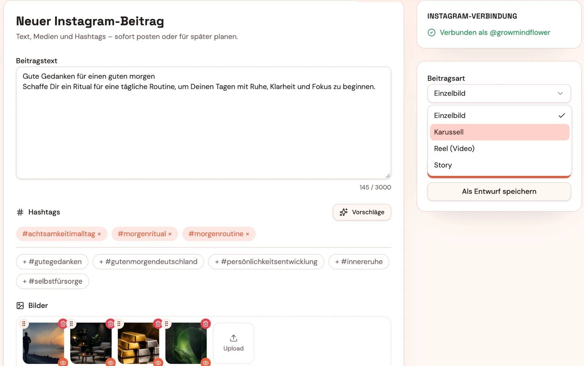 PostPilot Composer für Instagram-Beiträge mit Bildern und Hashtags