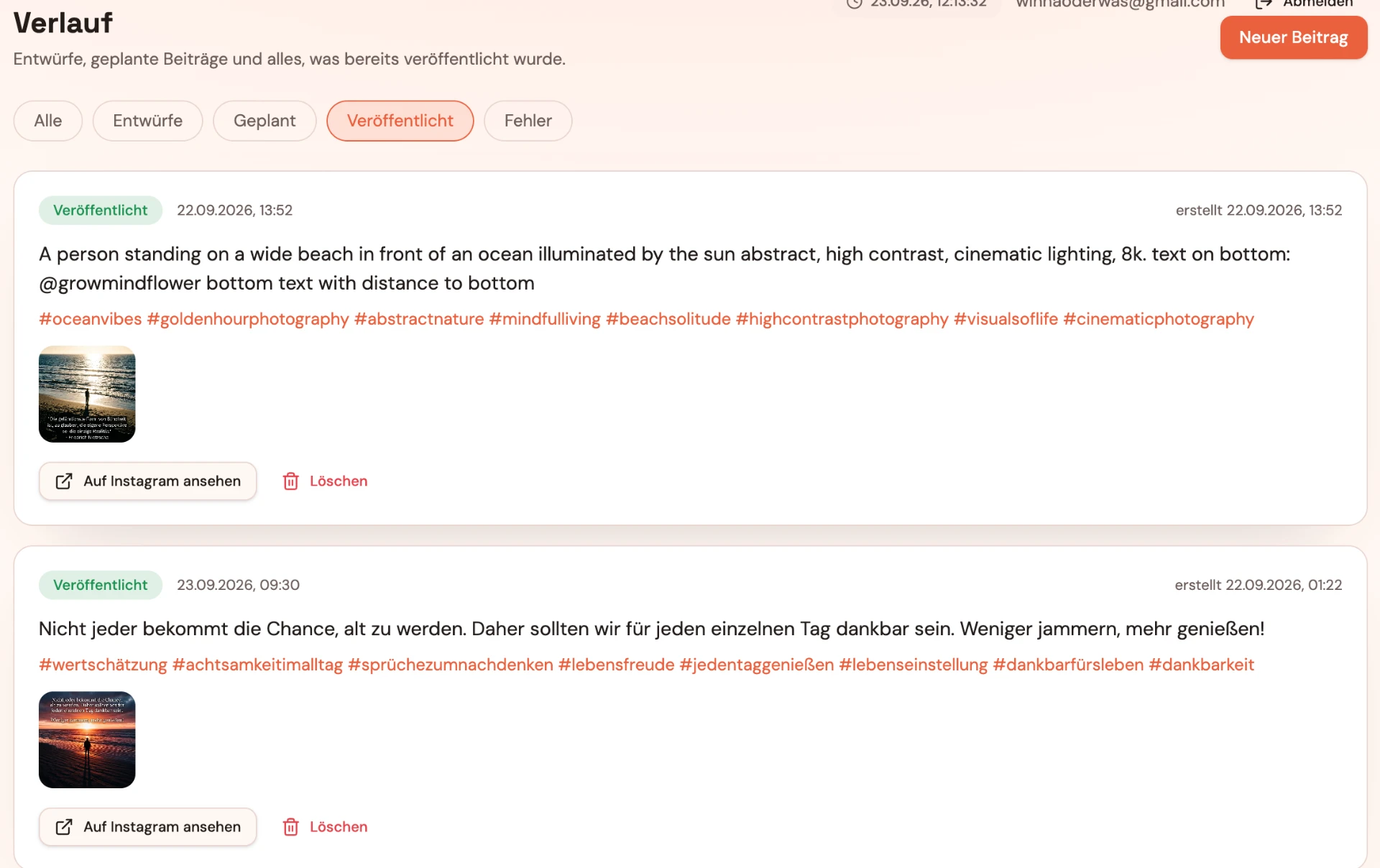 PostPilot Beitragsübersicht mit geplanten und veröffentlichten Posts