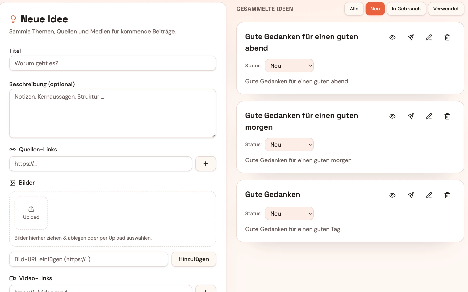 PostPilot Ideensammlung mit Themen, Links und Bildern